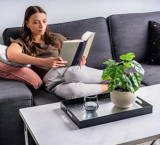 17.5"x12" Silver & Black Glossy Crocodile Faux Leather Serving Tray Beautiful Modern Elegant Decorative Tray with Handles Ottoman Coffee Table Tv Remote Storage for All Occasion's