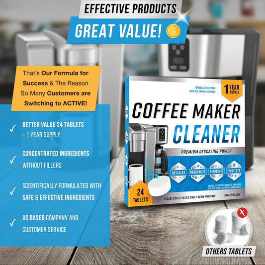 Coffee Machine Cleaner Descaler Tablets 24 Count,Coffee Maker Pot Descaling&Cleaning Tabs, Descale Drip Coffe&Espresso Machines