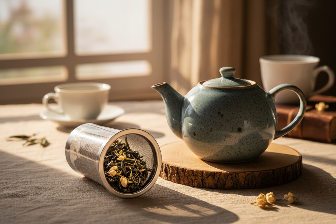 A professional tea brewing setup featuring tea infusers, premium tea bags, and teapots, by Brew-Nest.