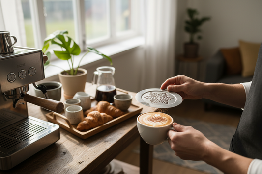 A professional home cafe sanctuary featuring coffee stencils, milk frothers, and coffee tamper, by Brew-Nest.