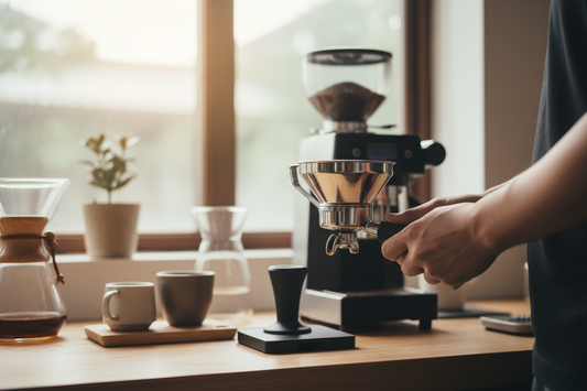 A professional home cafe sanctuary featuring dosing funnels, coffee tamper, and milk frothers, by Brew-Nest.