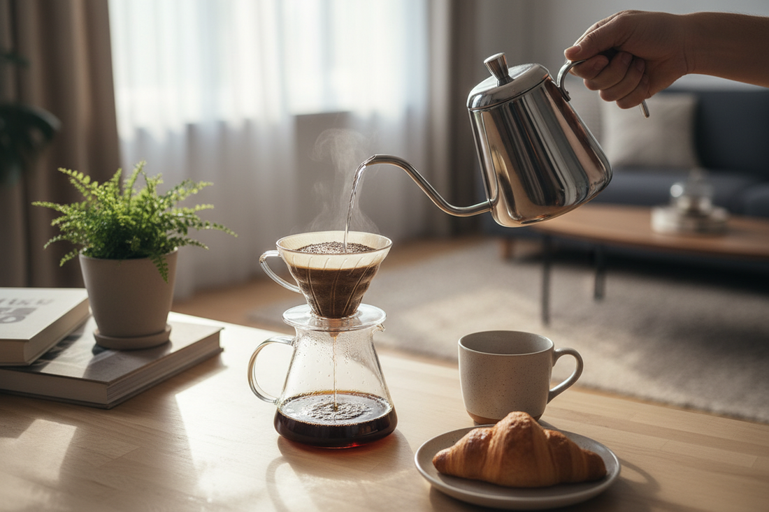 A professional home cafe sanctuary featuring gooseneck kettles, coffee tamper, and pour over starter kits, by Brew-Nest.