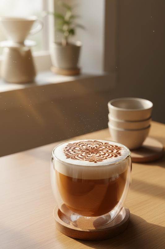 A professional home cafe setup featuring coffee stencils, double wall glass, and specialty spoons & stirrers, by Brew-Nest.