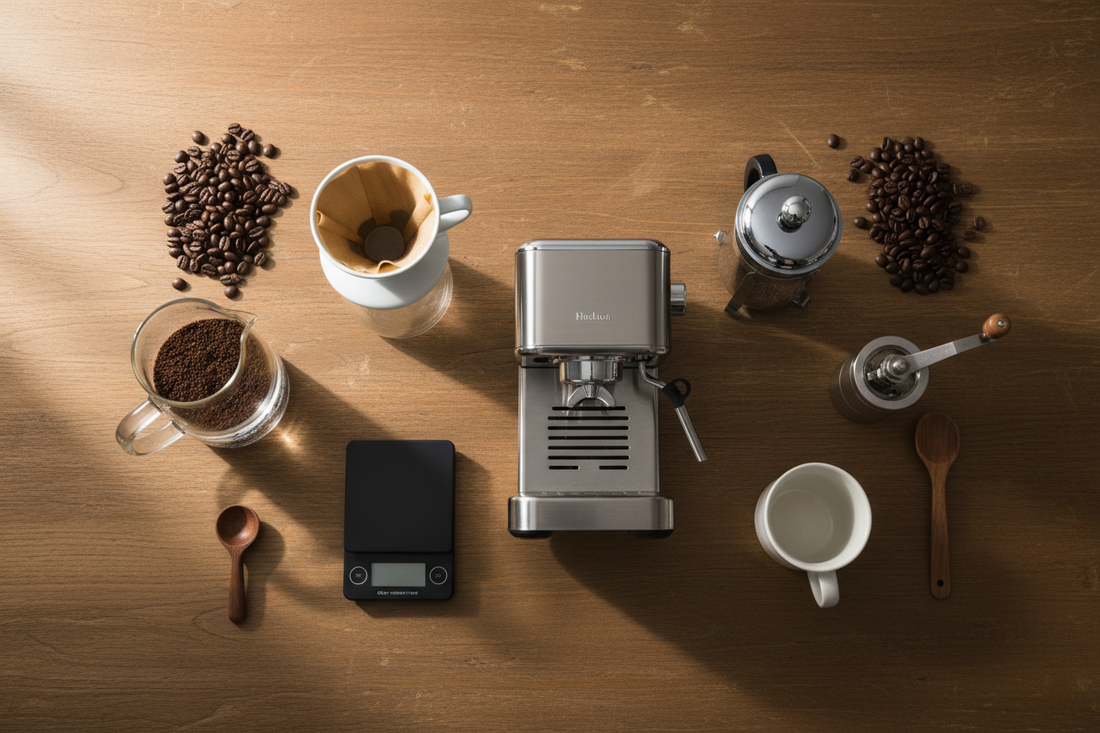 Flat lay of home coffee brewing equipment including espresso machine, V60 pour-over dripper, French press, and cold brew jar on a wooden surface with roasted coffee beans and a white ceramic cup