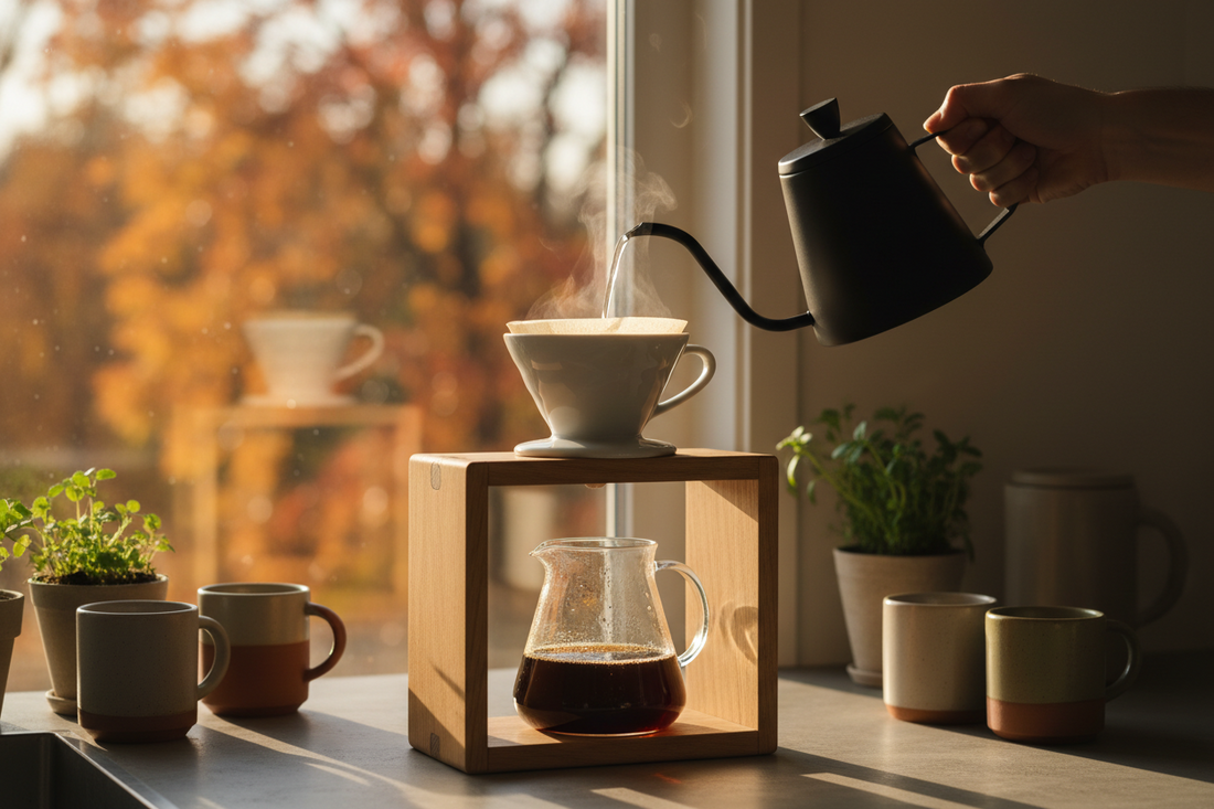 Ceramic V60 pour-over dripper on wooden stand with gooseneck kettle pouring in warm autumn morning light