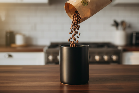 Whole coffee beans being transferred from a kraft bag into a matte black airtight ceramic canister on a dark wood surface