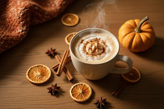 Homemade pumpkin spice latte in a ceramic mug with cinnamon sticks and autumn spices on a wooden table