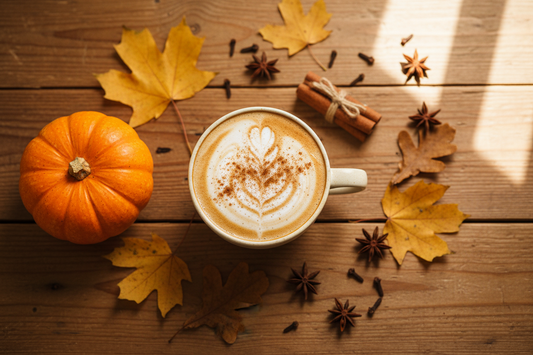 Homemade pumpkin spice latte in a ceramic mug with cinnamon foam, surrounded by fall spices and leaves on a wooden table