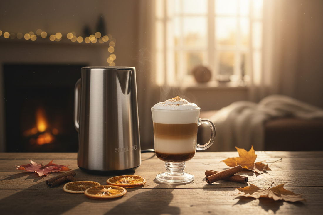 Automatic milk frother next to a glass latte cup with thick velvety foam on a wooden counter, styled with warm autumn light and cozy fall home café atmosphere