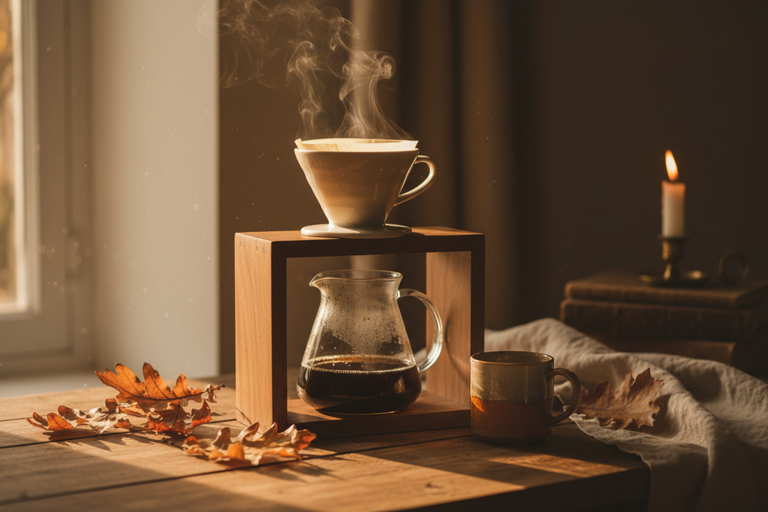 Ceramic V60 pour-over coffee maker on a wooden stand with a glass server, styled on a cozy autumn home café counter with warm fall light