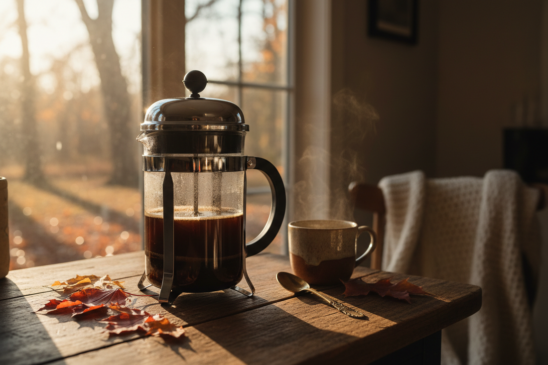 Glass French press with rich dark coffee steeping on a wooden counter, styled with warm autumn light and cozy fall morning atmosphere
