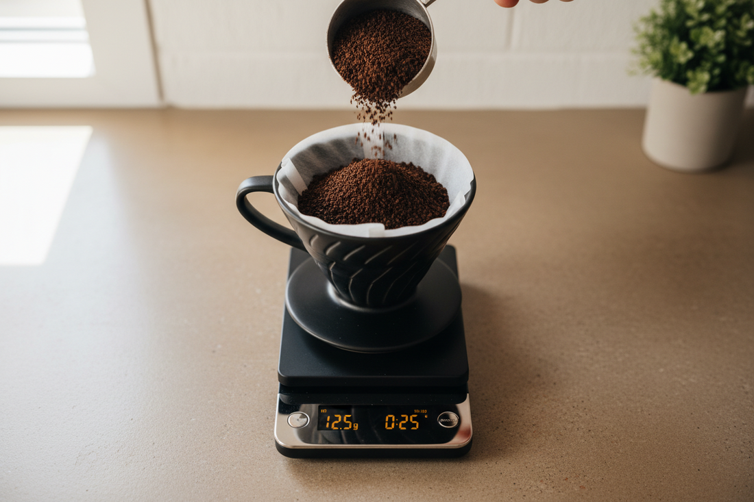 Best coffee scale for home brewing with built-in timer and pour over dripper on kitchen counter