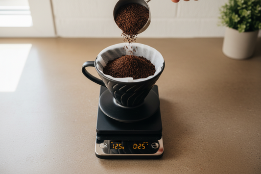 Best coffee scale for home brewing with built-in timer and pour over dripper on kitchen counter