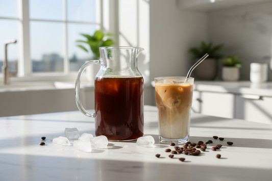 Glass cold brew coffee pitcher with iced coffee on marble countertop