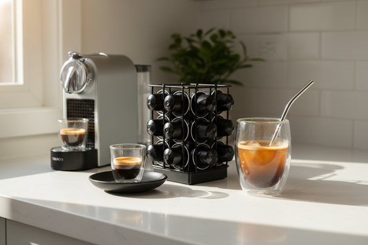 A modern coffee station featuring a sleek capsule holder and elegant double wall glass for a professional home cafe vibe, by Brew-Nest.