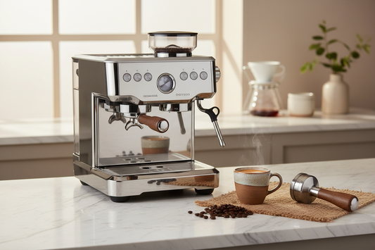 Best home espresso machine for beginners on a kitchen counter with a freshly pulled espresso shot