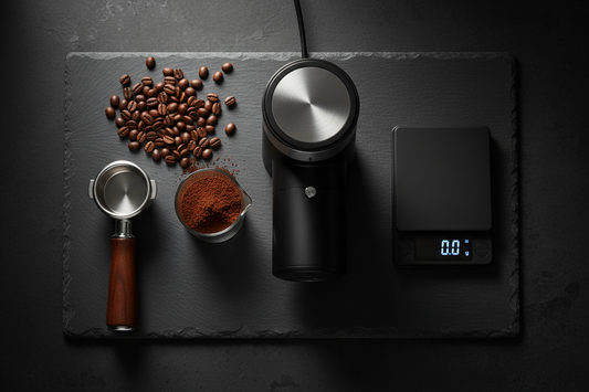Sleek electric burr coffee grinder with a dosing cup of fresh espresso grounds, portafilter, and precision scale on a dark slate surface