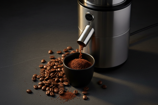 Electric burr coffee grinder with freshly ground coffee and whole beans on a dark slate surface