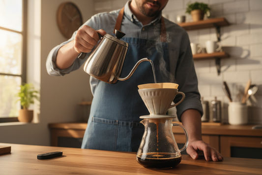A professional home cafe setup featuring a gooseneck kettles, a pour over starter kit, and a coffee tamper, by Brew-Nest.