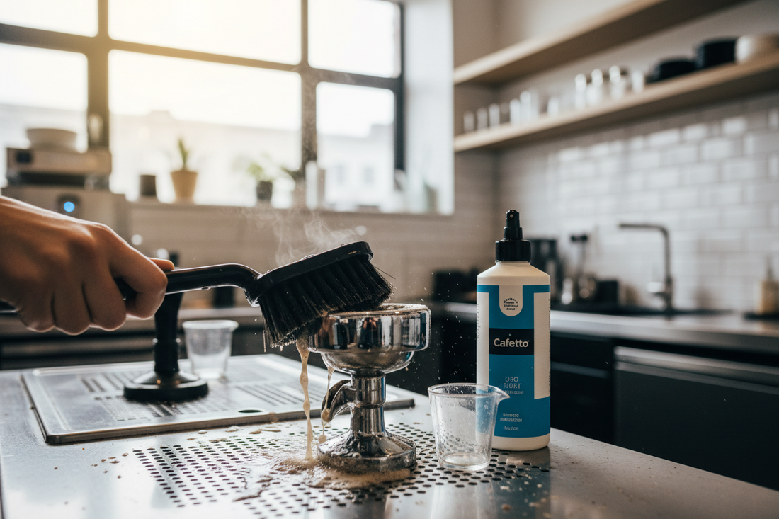 Professional cleaning brush, coffee maker cleaner, and premium tea bags creating a perfect morning coffee sanctuary, by Brew-Nest.