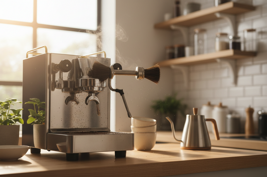 A professional home cafe maintenance setup featuring a cleaning brush and coffee maker cleaner, by Brew-Nest.