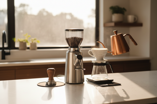 A professional home cafe setup featuring a grinder, coffee tamper, and espresso machines, by Brew-Nest.