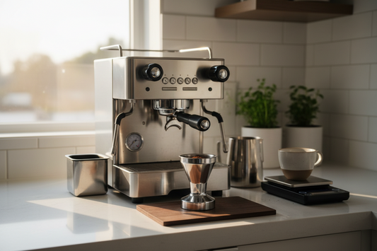 A professional home cafe espresso setup featuring a coffee tamper, dosing funnel, and portafilter basket, by Brew-Nest.