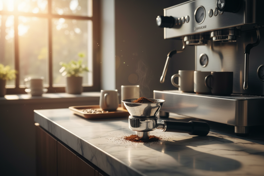 A professional home cafe sanctuary featuring coffee dosing funnels, coffee tamper, and knock boxes, by Brew-Nest.