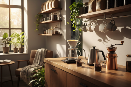 A professional home cafe sanctuary featuring pour over starter kits, gooseneck kettles, and coffee tamper, by Brew-Nest.