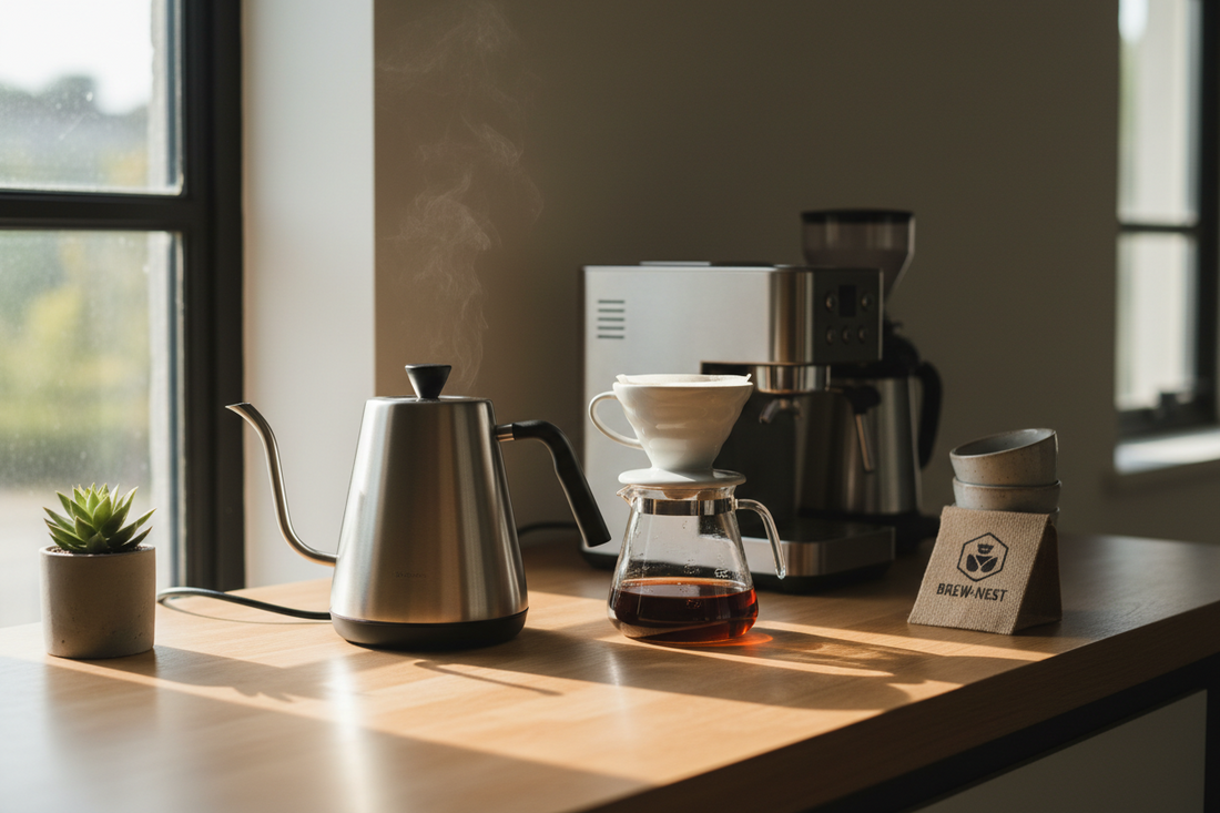 A professional home cafe sanctuary featuring gooseneck kettles, pour over starter kits, and coffee tamper, by Brew-Nest.