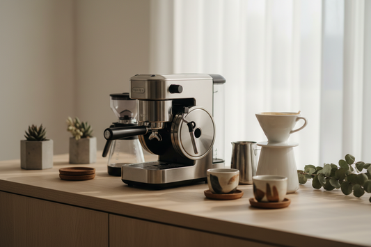 A professional home cafe sanctuary featuring foldable espresso makers, coffee tamper, and gooseneck kettles, by Brew-Nest.