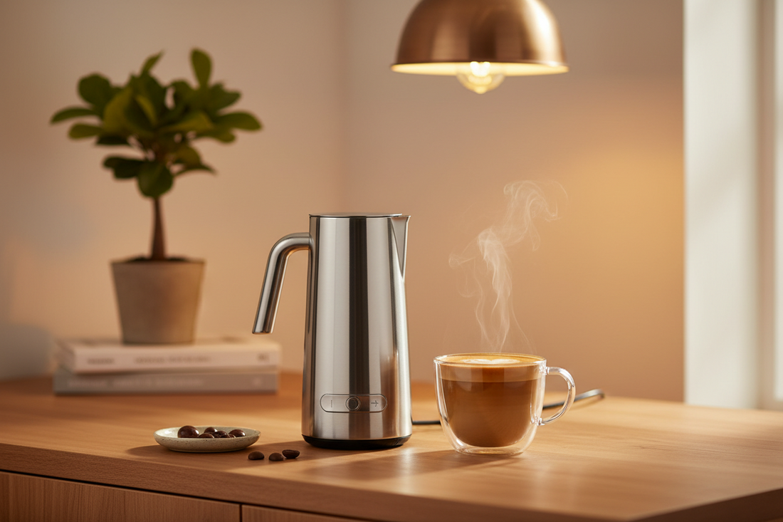 A professional home cafe sanctuary featuring milk frothers, coffee tamper, and pour over starter kits, by Brew-Nest.