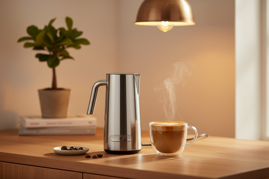 A professional home cafe sanctuary featuring milk frothers, coffee tamper, and pour over starter kits, by Brew-Nest.