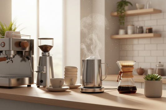 A professional home cafe sanctuary featuring milk frothers, gooseneck kettles, and coffee tamper, by Brew-Nest.