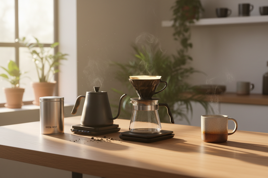 A professional home cafe sanctuary featuring pour over starter kits, gooseneck kettles, and coffee tamper, by Brew-Nest.