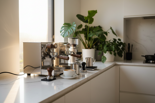 A professional home cafe setup featuring espresso machines, coffee tamper, and milk frothers, by Brew-Nest.