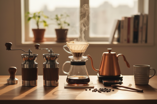 A professional home cafe setup featuring manual coffee grinders, pour over starter kits, and coffee tamper, by Brew-Nest.