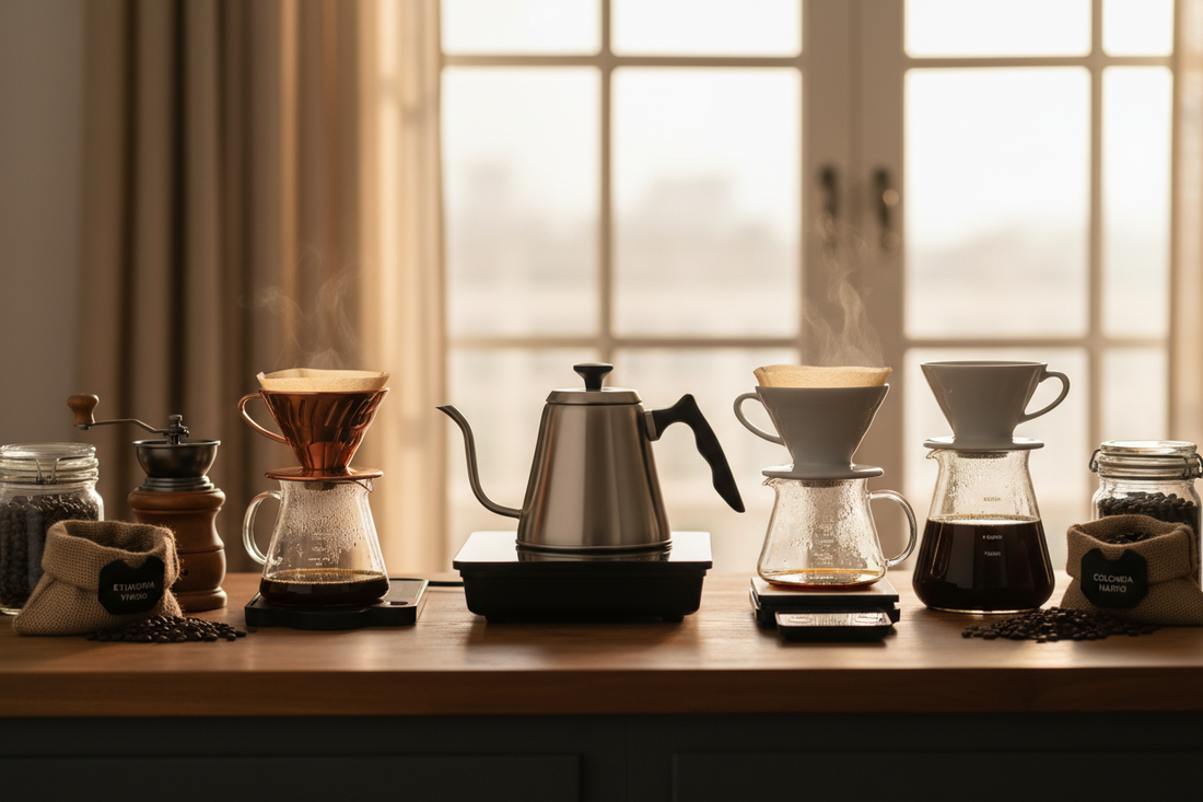 A professional home cafe setup featuring pour over starter kits, gooseneck kettles, and coffee tamper, by Brew-Nest.