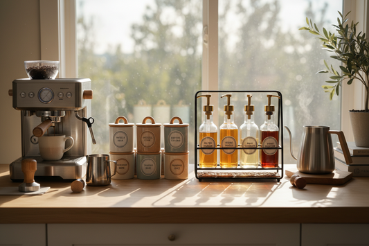 A professional home cafe setup featuring coffee flavoring powder, syrup organizer & syrup dispenser, and premium tea bags, by Brew-Nest.