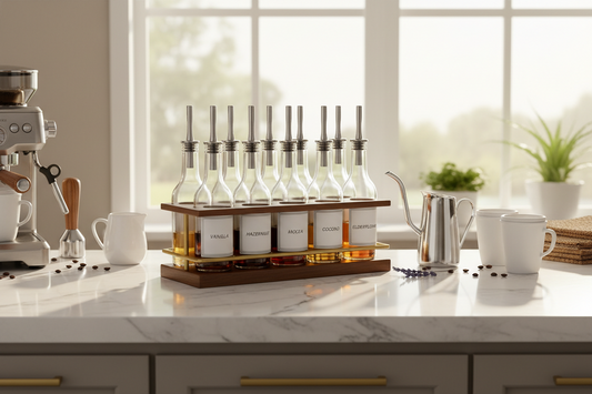 A professional home cafe setup featuring syrup, syrup organizer & syrup dispenser, and premium tea bags, by Brew-Nest.