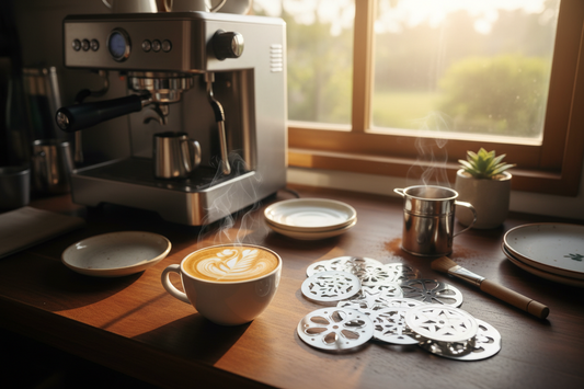 A professional home cafe setup featuring coffee stencils, coffee tamper, and milk frothers, by Brew-Nest.