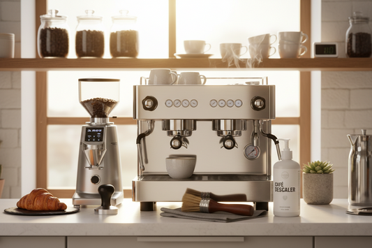 A professional home cafe maintenance setup featuring cleaning brush, coffee maker cleaner, and descaling solutions, by Brew-Nest.