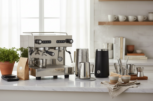 A professional home cafe setup featuring milk frothers, gooseneck kettles, and a coffee tamper, by Brew-Nest.