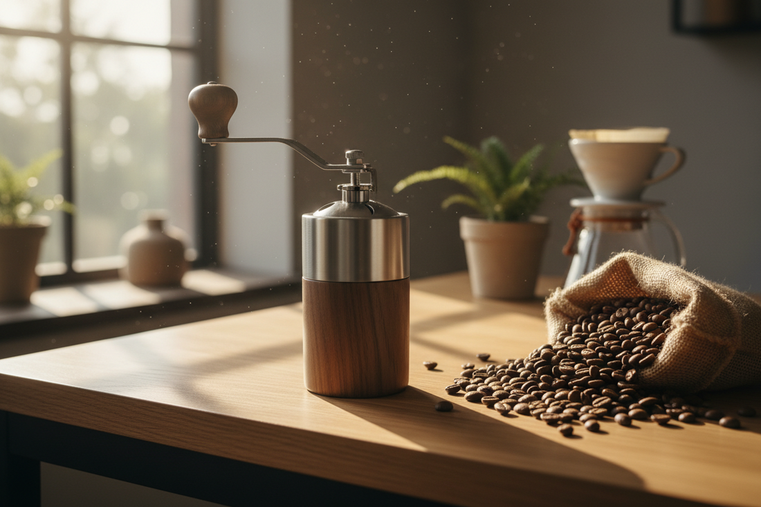 A professional home cafe setup featuring a precision grinder, coffee tamper, and gooseneck kettle, by Brew-Nest.