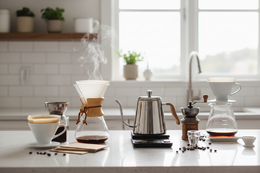 A professional home cafe setup featuring pour over starter kits, gooseneck kettles, and premium tea bags, by Brew-Nest.