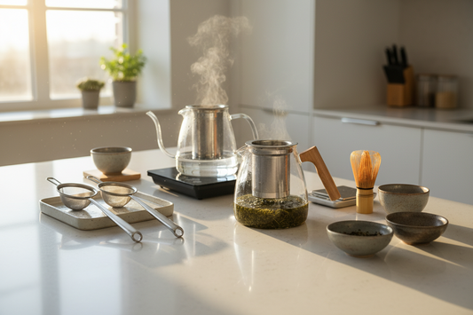 A professional home cafe setup featuring tea infusers, teapots, and premium tea bags, by Brew-Nest.