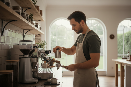 A professional barista setup featuring a coffee tamper and milk frother, by Brew-Nest.