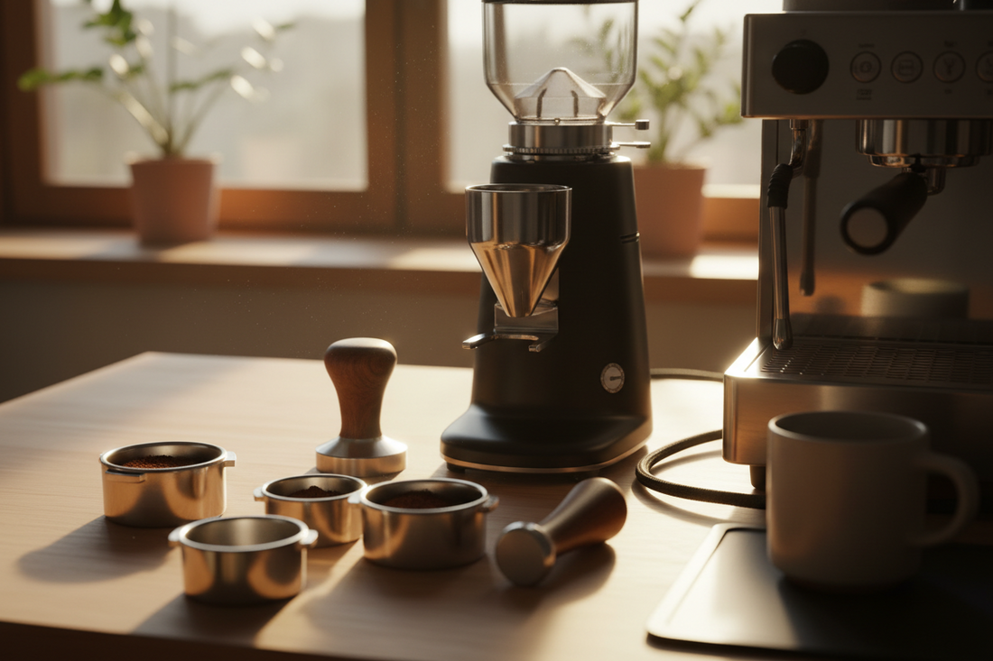 Professional coffee grinder, coffee tamper, and portafilter baskets creating a perfect espresso extraction sanctuary, by Brew-Nest.