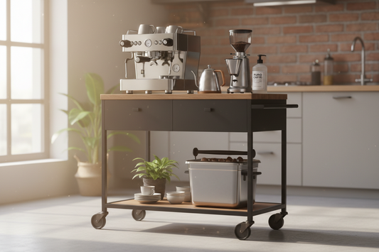 Professional mobile home cafe cart, coffee maker cleaner, and knock boxes creating a perfect morning coffee sanctuary, by Brew-Nest.