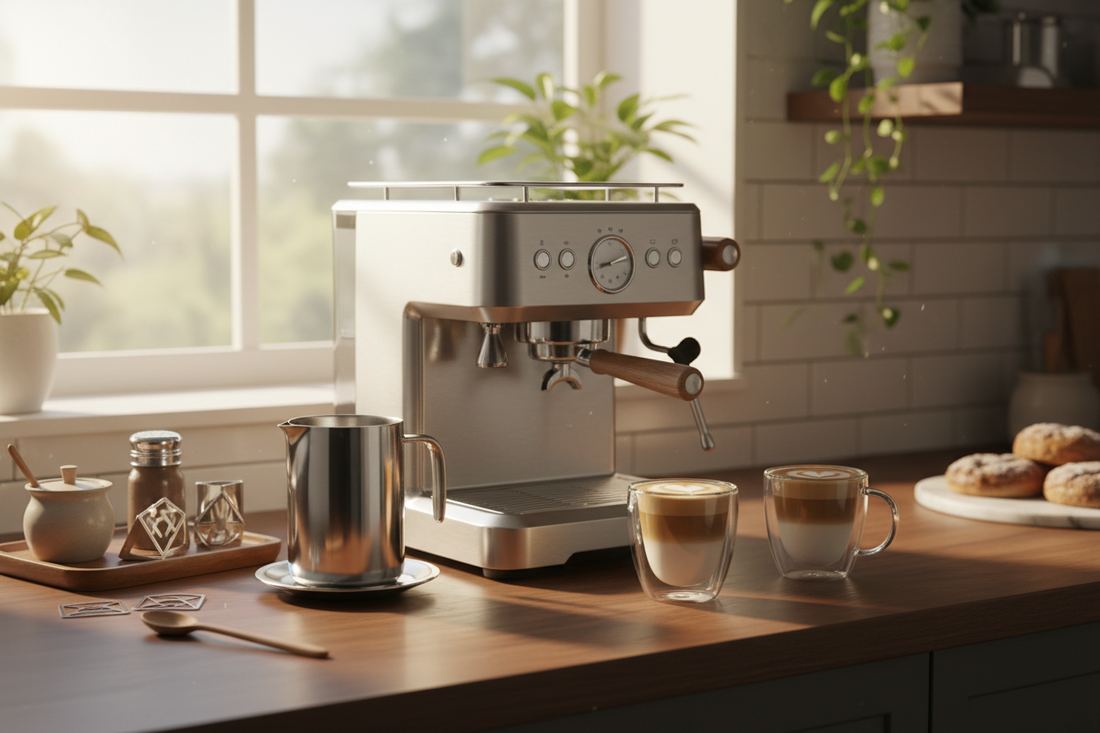 Professional coffee stencils, milk frothers, and double wall glass creating a perfect morning coffee sanctuary, by Brew-Nest.